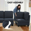 Dark navy sectional sofa easy assembly infographic showing woman connecting sections with metal clip