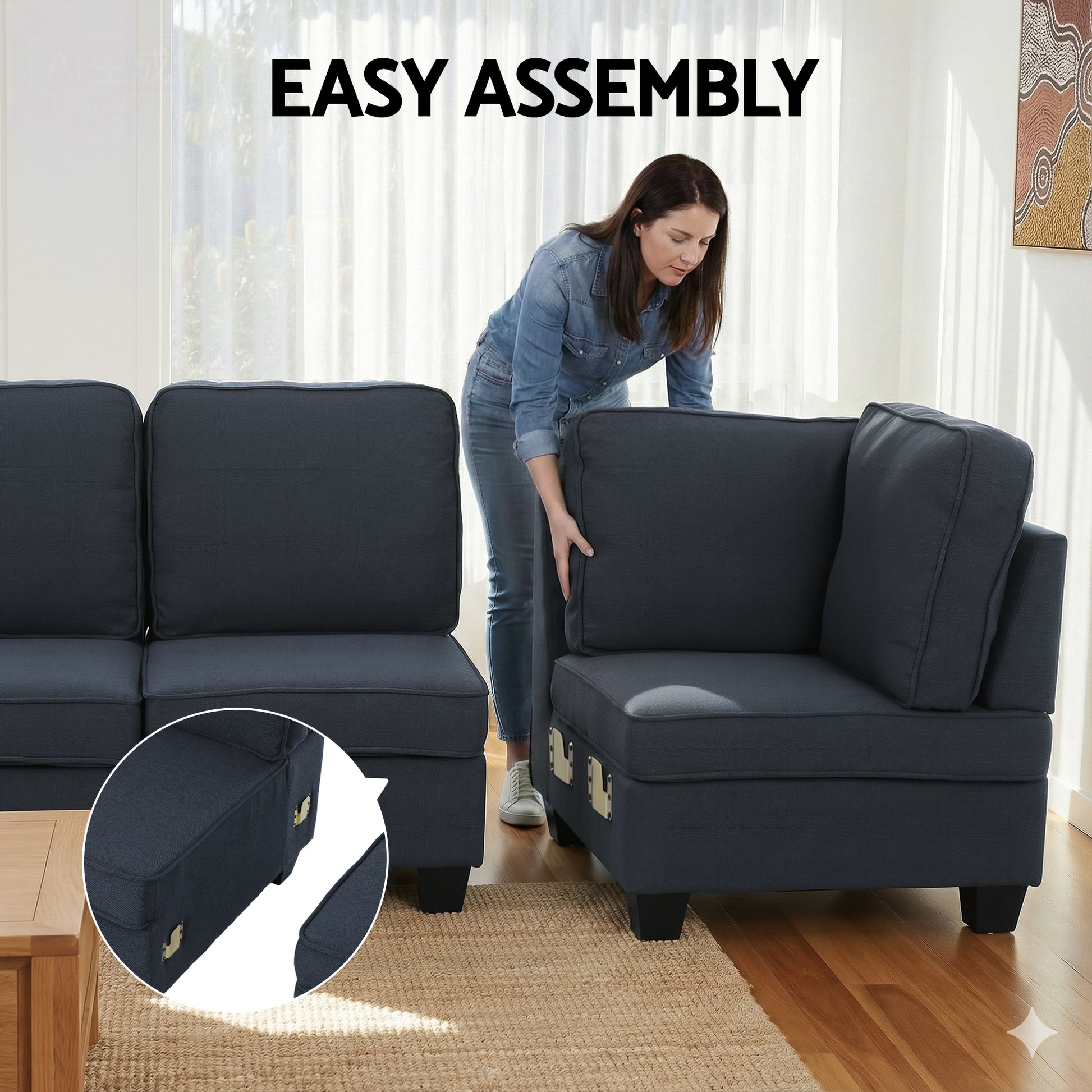 Dark navy sectional sofa easy assembly infographic showing woman connecting sections with metal clip