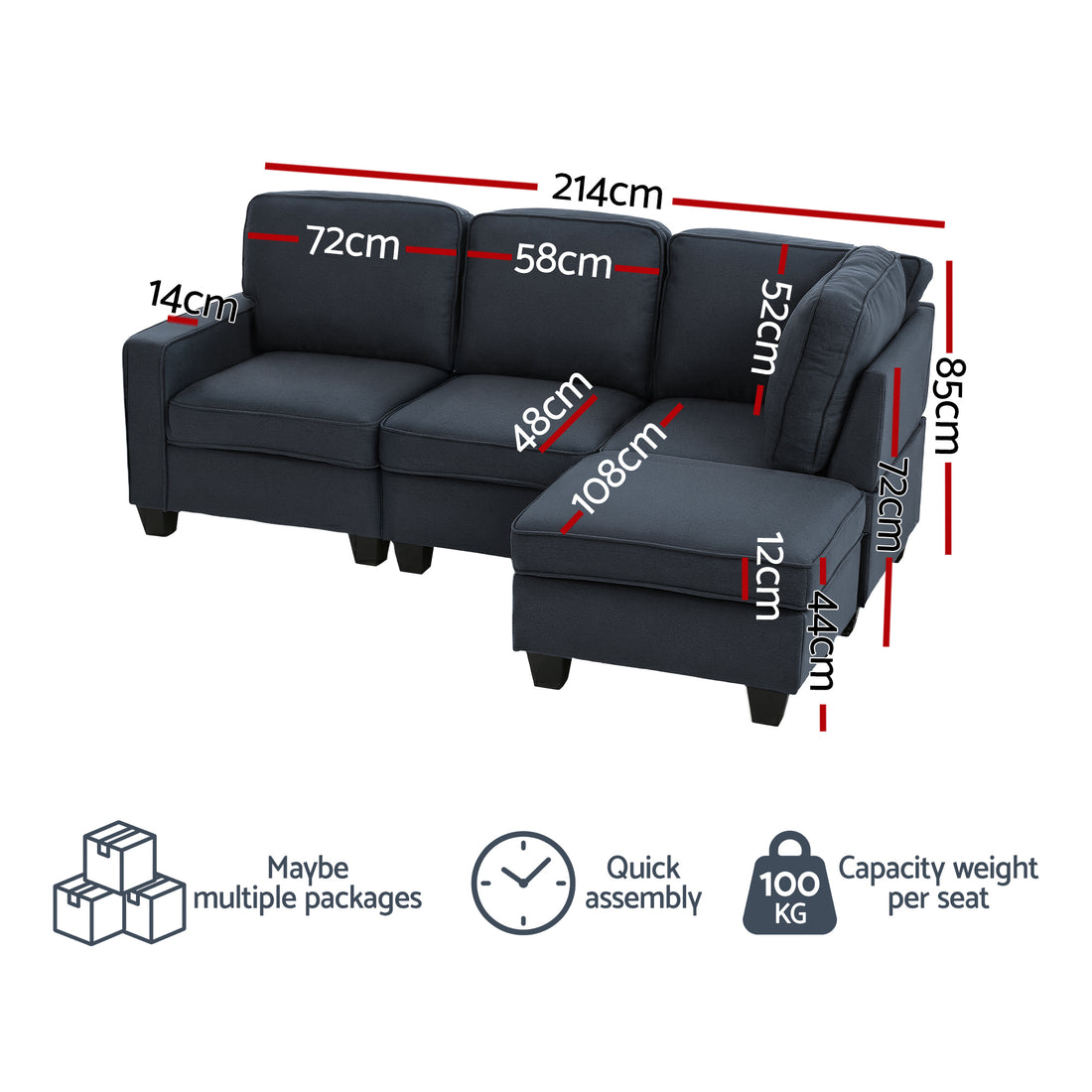Dark navy fabric sectional sofa with chaise in living room with white brick fireplace and patterned rug