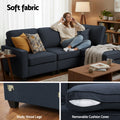 Dark navy sectional sofa showing wood leg with clip connector and removable cushion cover zip detail