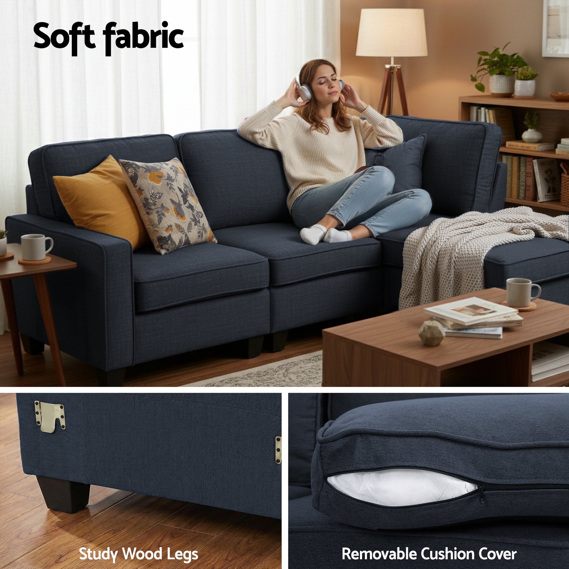 Dark navy sectional sofa showing wood leg with clip connector and removable cushion cover zip detail