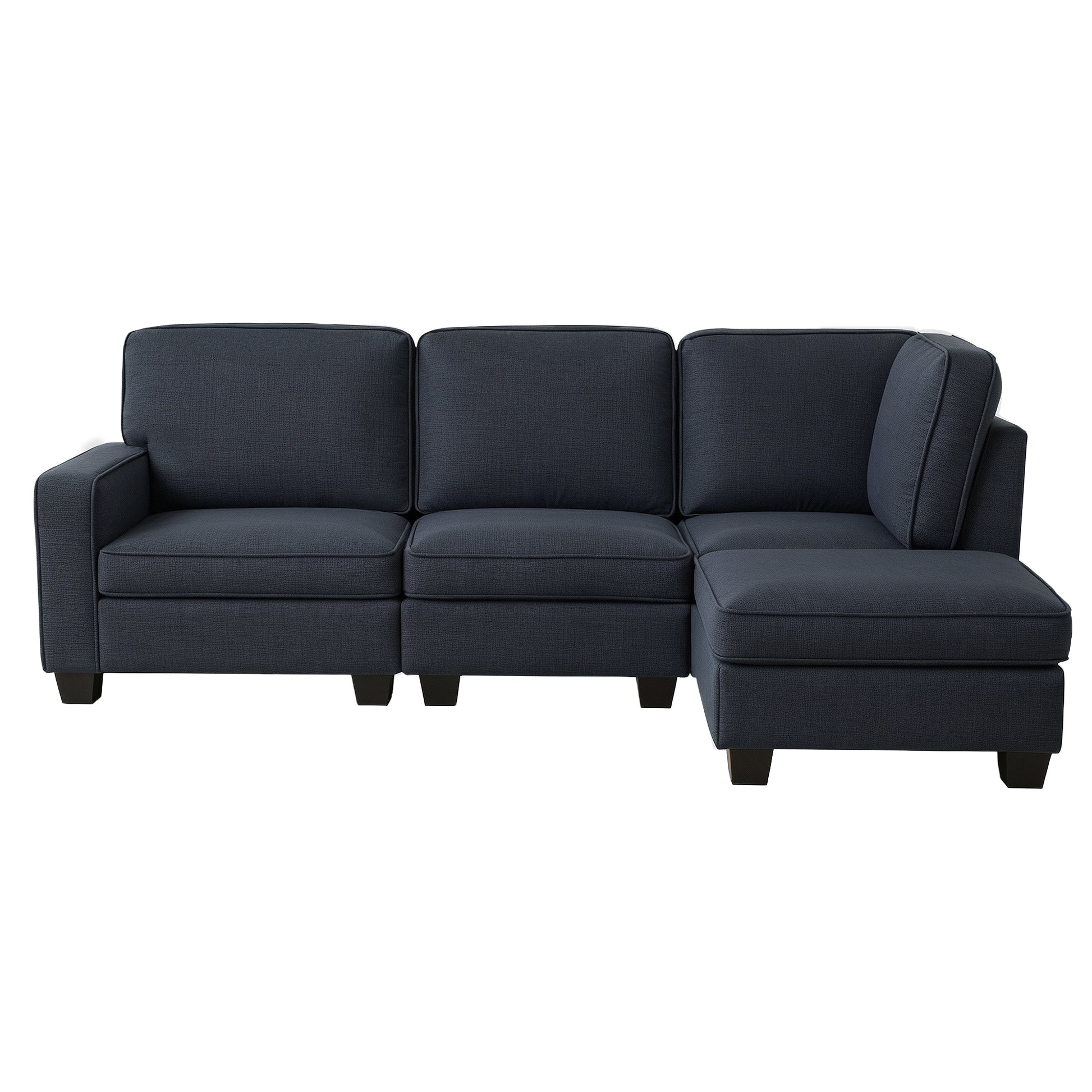 Front view of dark navy fabric sectional sofa with right-side chaise and square armrests on white background