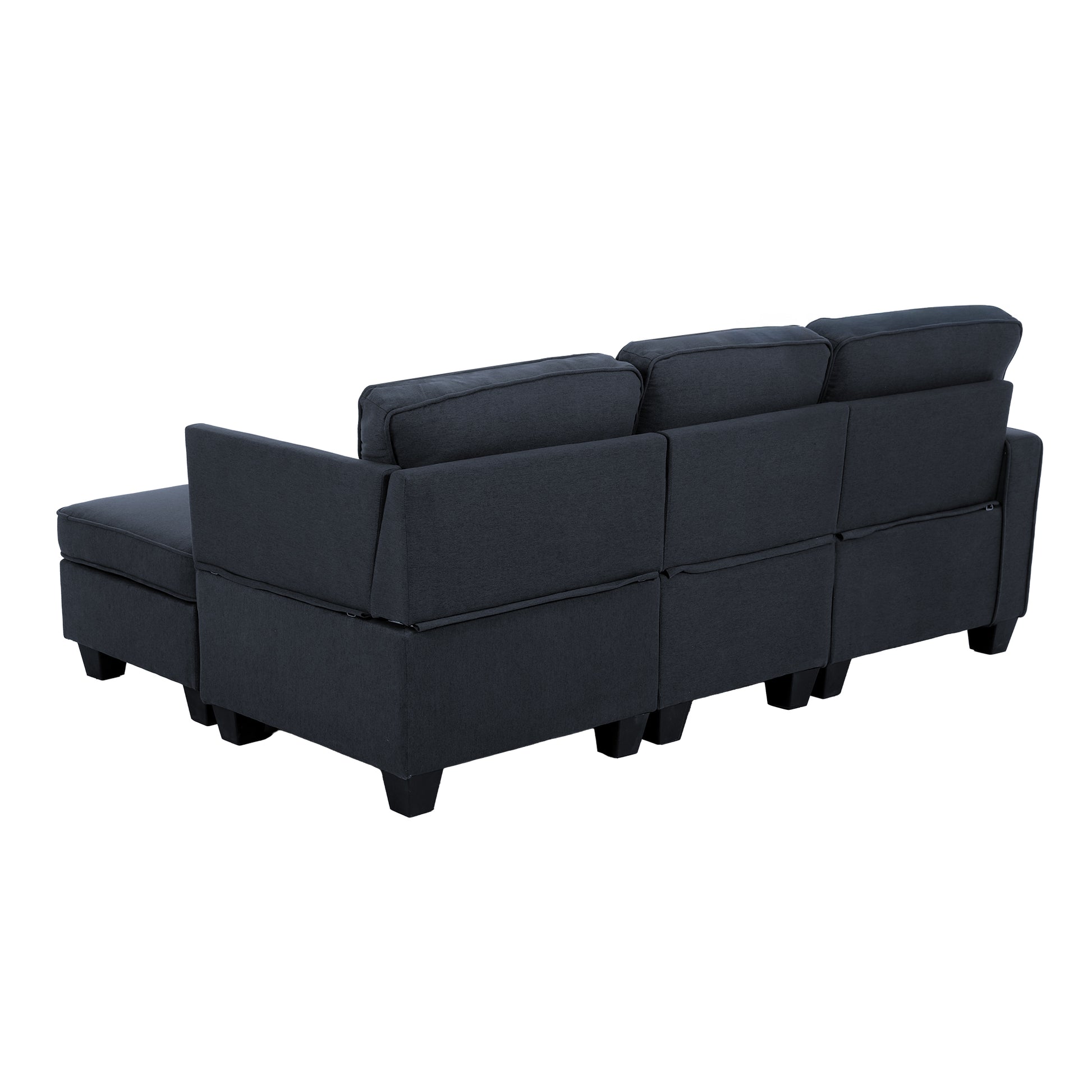 Rear view of dark navy fabric sectional sofa showing plain back with connector clips and black square legs