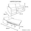 Harper sofa bed dimensions diagram: 181cm wide, 87cm high, extends to 220cm x 51cm bed, black metal frame
