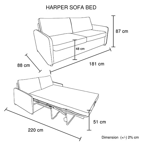 Harper sofa bed dimensions diagram: 181cm wide, 87cm high, extends to 220cm x 51cm bed, black metal frame