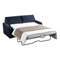 Navy blue textured fabric sofa bed fully extended showing white mattress, brown throw blanket and black metal frame