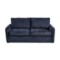 Front view of navy blue textured fabric sofa bed with two seat cushions and two back pillows on white background