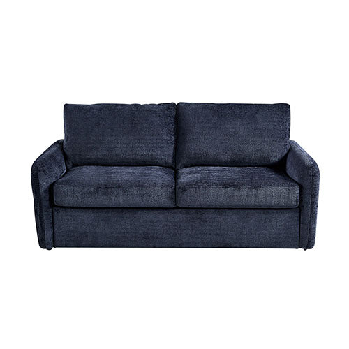 Front view of navy blue textured fabric sofa bed with two seat cushions and two back pillows on white background