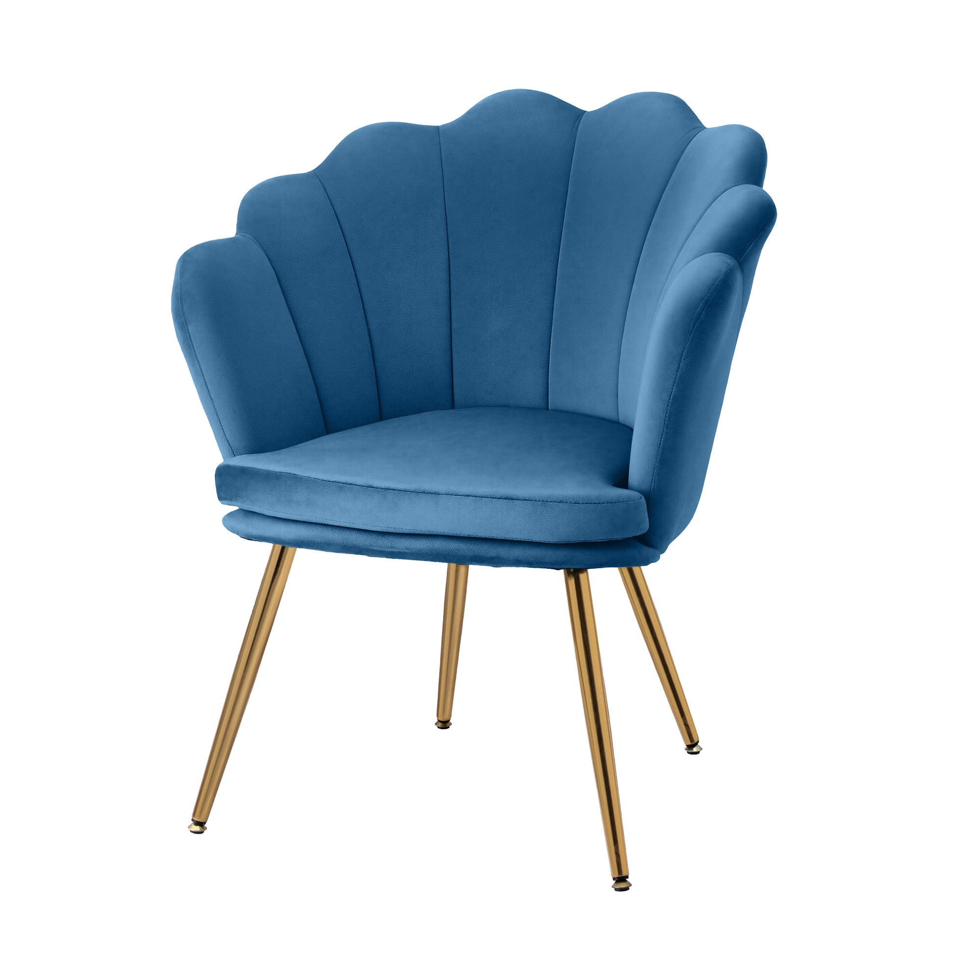 Navy blue velvet shell-back armchair with scalloped backrest and gold splayed legs angle view on white background