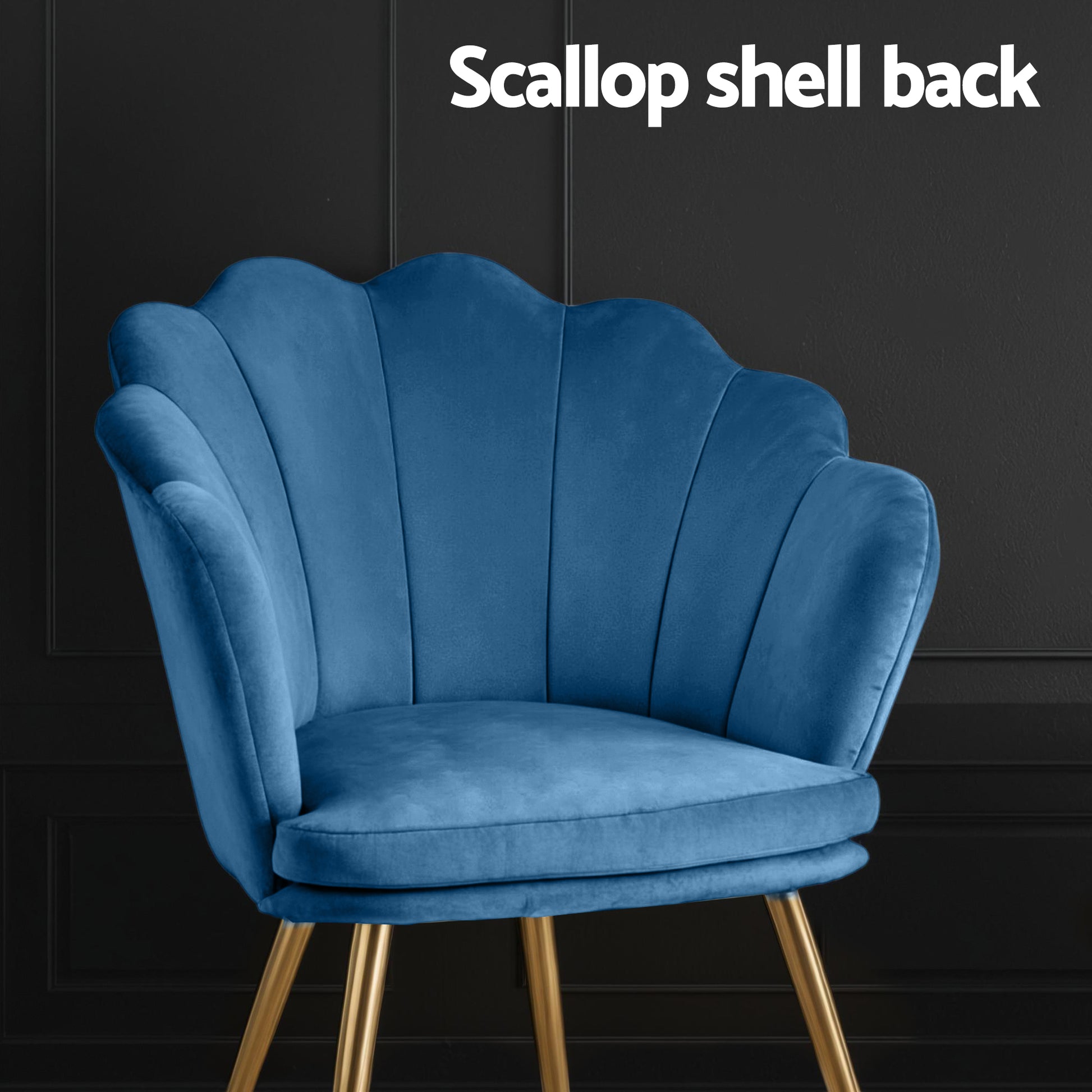 Navy blue velvet shell-back armchair close-up against dark background with Scallop shell back text overlay