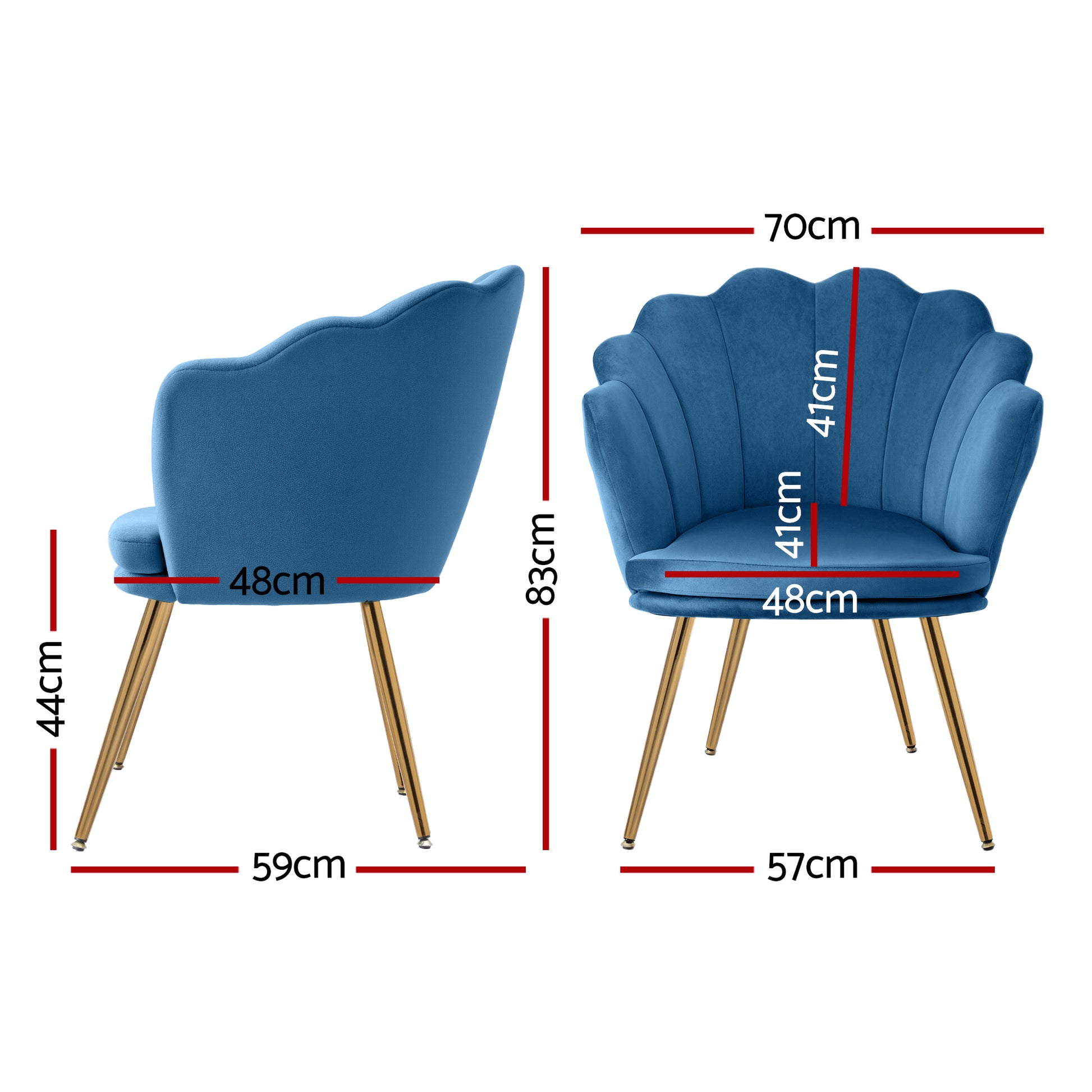 Navy blue velvet shell-back armchair dimensions side and front views showing 70cm width 83cm height and 44cm seat height