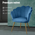Navy blue velvet shell-back armchair showing Premium velvet Wear-resistant Breathable and Soft touch feature badges