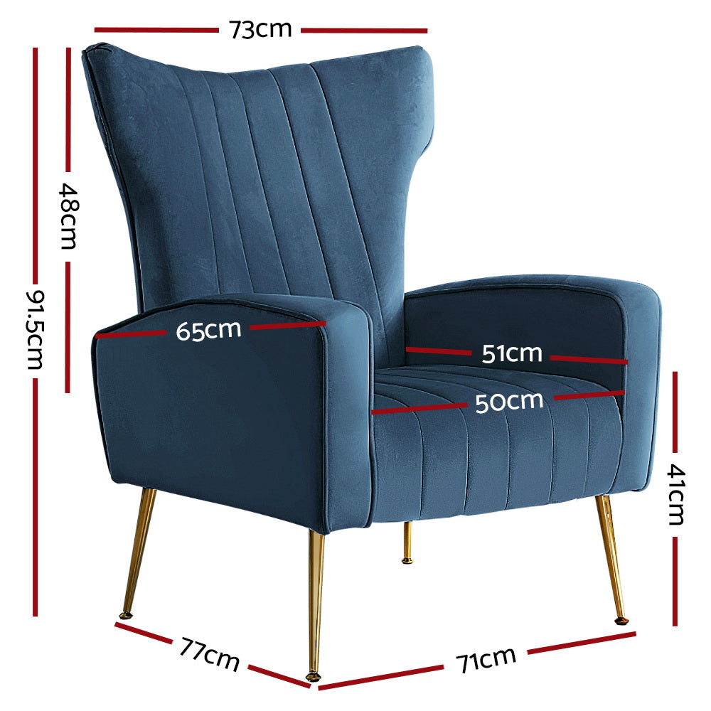 Navy blue velvet wingback armchair dimensions: 73cm W, 91.5cm H, 65cm armrest, 50cm seat depth, 41cm seat height, gold legs