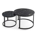Two round nesting coffee tables with black marble-pattern tops on black metal ring bases, set shown on white background