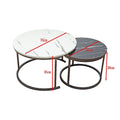 Dimension diagram of two nesting tables: large 70cm diameter 45cm height, small 50cm diameter 38cm height, red arrows