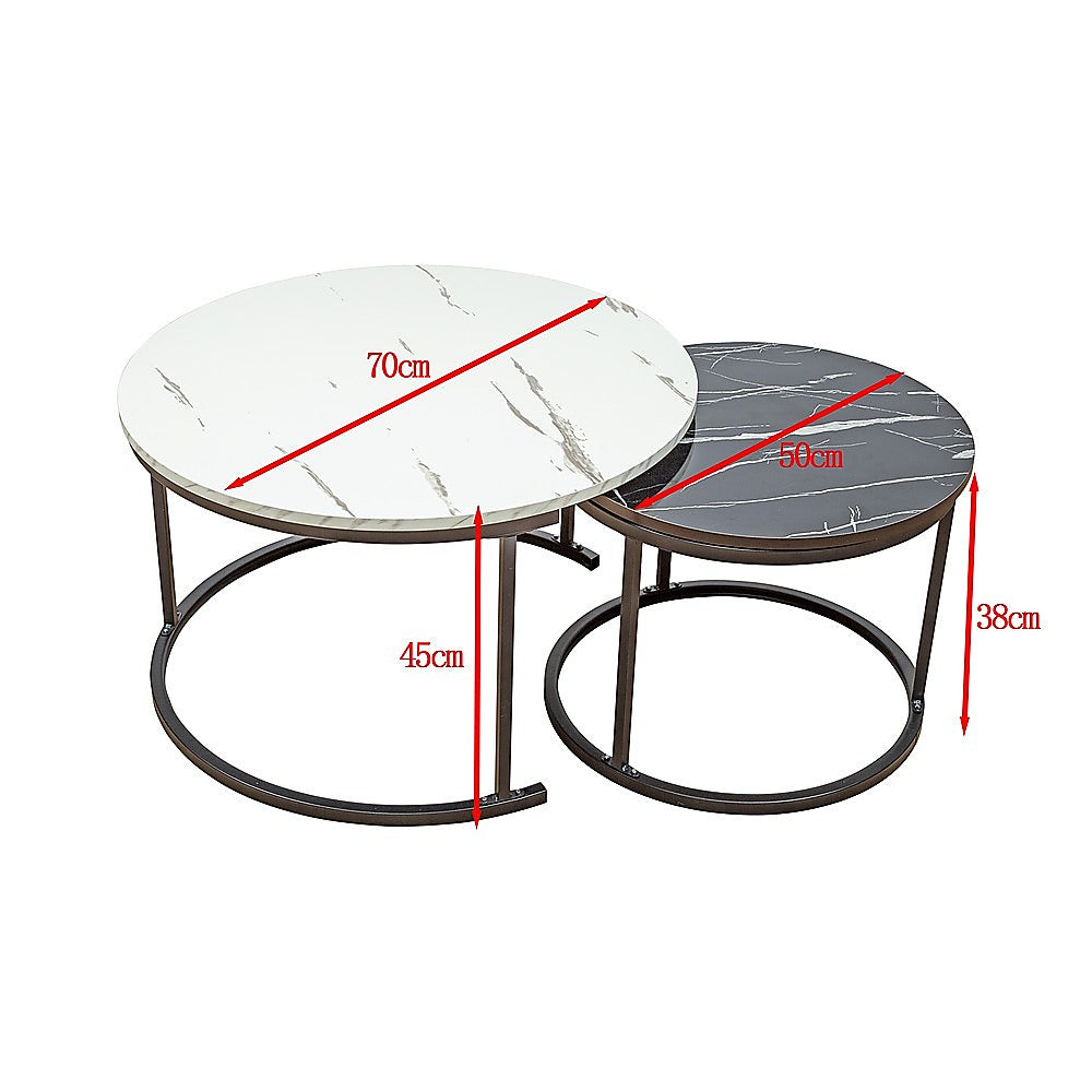 Dimension diagram of two nesting tables: large 70cm diameter 45cm height, small 50cm diameter 38cm height, red arrows