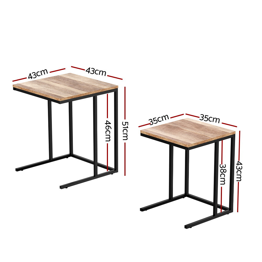 Two C-shaped nesting side tables on white background with red dimension lines showing 43x43x51cm and 35x35x43cm sizes.
