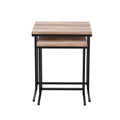Front view of two nesting C-shaped side tables with oak wood tops stacked on black metal frames against a white background.