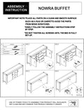 Nowra Buffet assembly instruction sheet showing 4-step diagram with hardware list including brackets, ties and screws