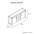 Nowra Buffet dimension diagram showing 180cm width, 43cm depth and 85cm height with two doors and three centre drawers