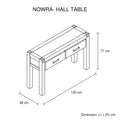 Nowra Hall Table line drawing dimensions: 120cm wide, 38cm deep, 77cm tall, two drawers with metal handles, square legs