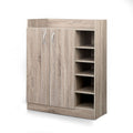 Oak finish 2-door shoe cabinet with 5 open side shelves angled view on white background