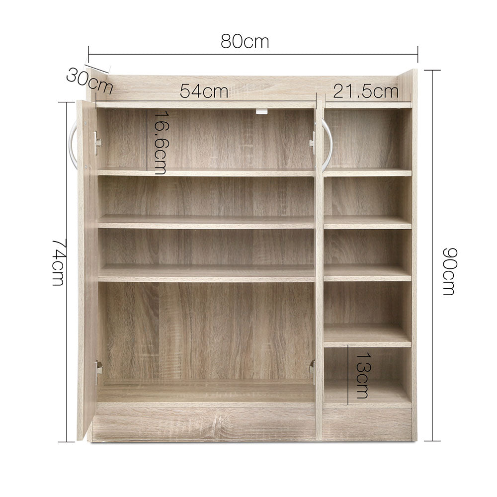 Oak shoe cabinet interior dimensions diagram showing 80cm width 90cm height 30cm depth and shelf spacing