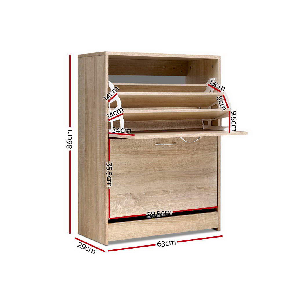 Oak two-door shoe cabinet dimensions 63cm wide 86cm tall 29cm deep tray 14cm widths lower compartment 35.5cm high 59.5cm wide
