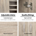 Feature infographic for oak shoe cabinet showing adjustable shelves metal hinge wood grain texture and door handles