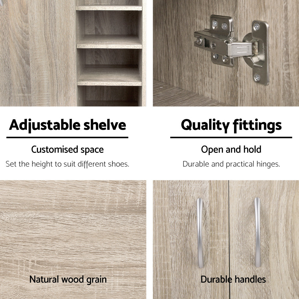 Feature infographic for oak shoe cabinet showing adjustable shelves metal hinge wood grain texture and door handles