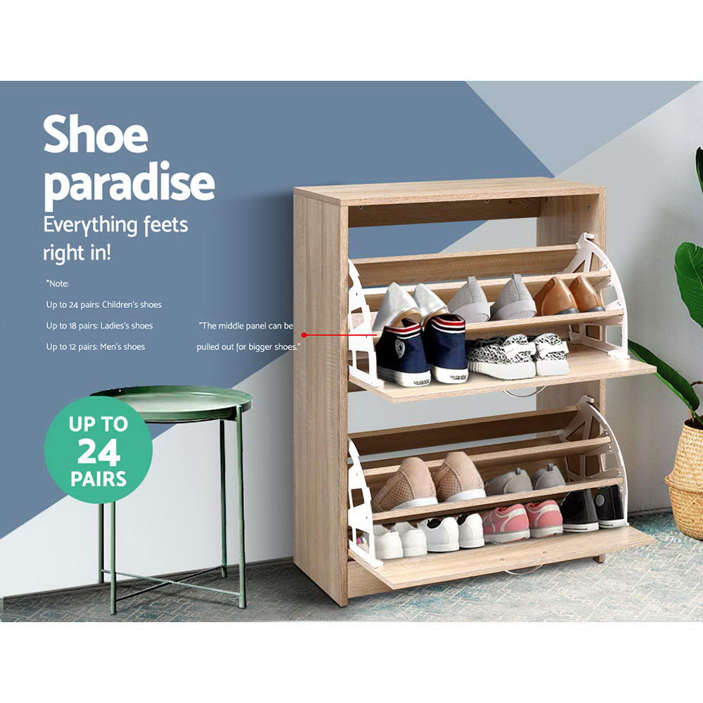 Oak two-door shoe cabinet both flip-out trays open with multiple shoe pairs shoe paradise up to 24 pairs badge visible