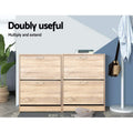 Two oak two-door flip-out shoe cabinets placed side by side doubly useful multiply and extend text coat stand in lifestyle