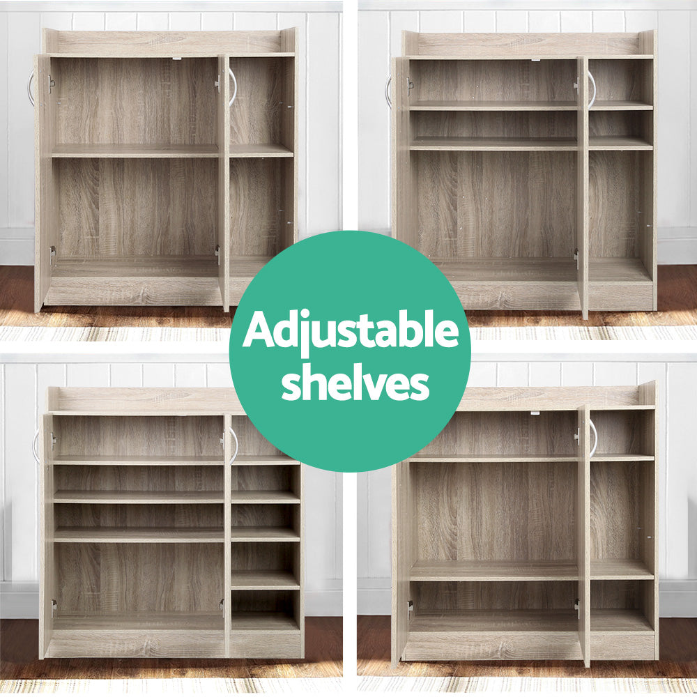 Four-panel infographic showing adjustable shelf configurations inside oak shoe cabinet with text Adjustable shelves