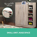 Oak shoe cabinet with heels on open side shelves and items on top, text Small Unit Huge Space with callout inset