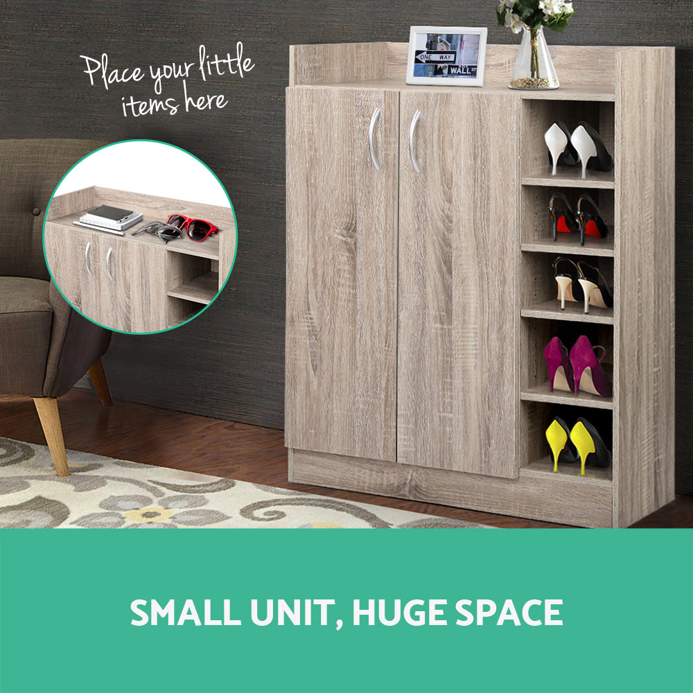 Oak shoe cabinet with heels on open side shelves and items on top, text Small Unit Huge Space with callout inset