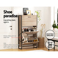 Oak three-tier shoe cabinet metal frame two doors open showing shoes shoe paradise up to 24 pairs adjustable shelves