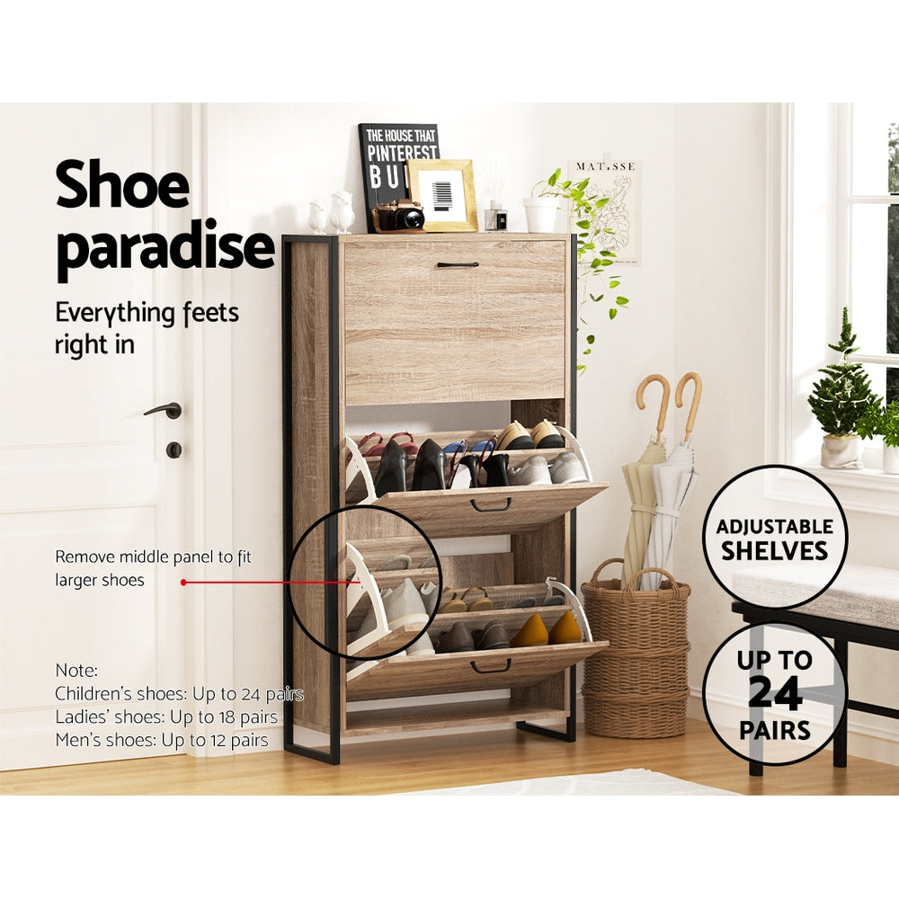 Oak three-tier shoe cabinet metal frame two doors open showing shoes shoe paradise up to 24 pairs adjustable shelves