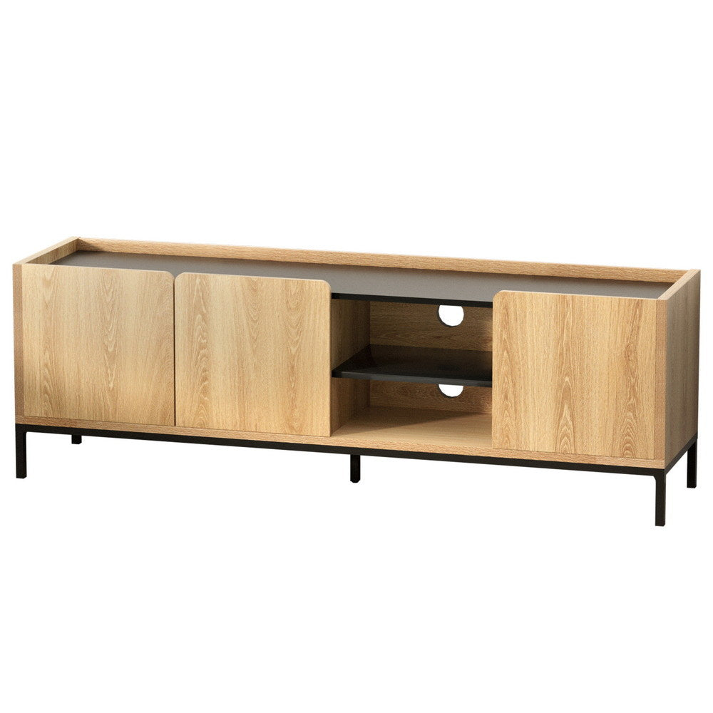 Oak and black TV unit 160cm angle view on white background oak grain doors black metal frame and center cable-hole shelves