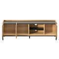 Oak and black TV unit 160cm front view both doors open on white showing oak interior two cable holes and two open bays