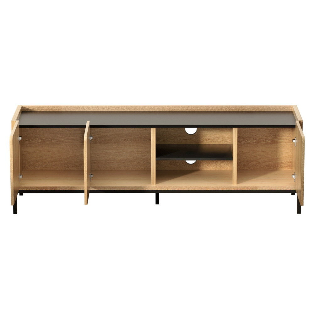 Oak and black TV unit 160cm front view both doors open on white showing oak interior two cable holes and two open bays