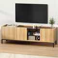 Oak and black TV unit 160cm lifestyle with Nintendo Switch Kinfolk book vinyl player and gaming controller on open shelves
