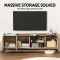 Oak and black TV unit 160cm massive storage four open bays with gaming gear books and robot vacuum with 13cm clearance