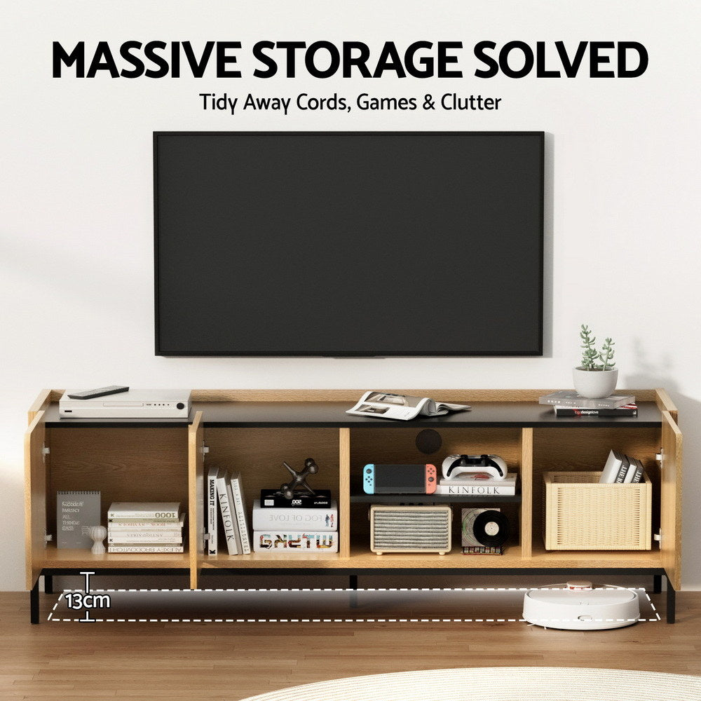 Oak and black TV unit 160cm massive storage four open bays with gaming gear books and robot vacuum with 13cm clearance