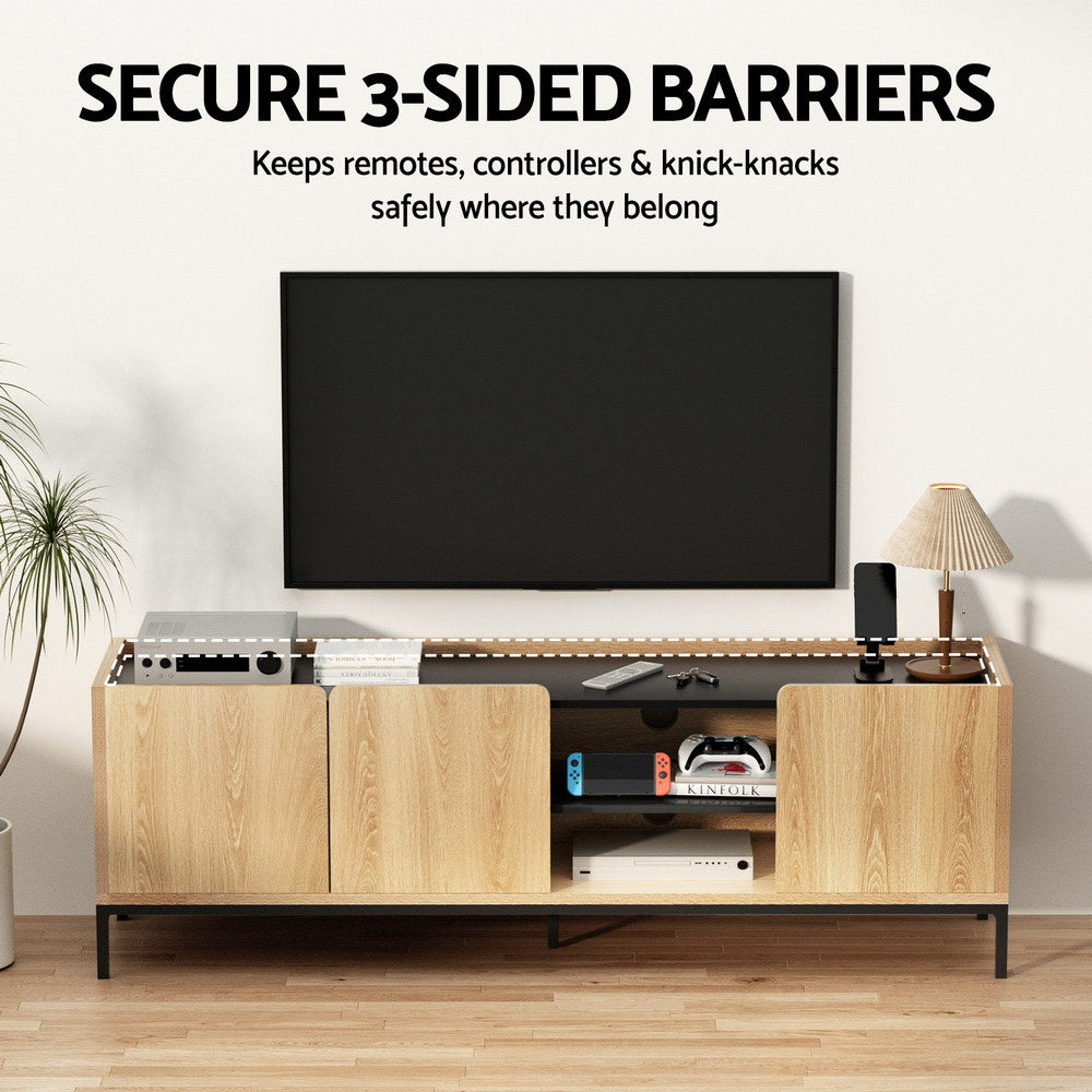 Oak and black TV unit secure 3-sided barriers feature lifestyle with gaming items on raised back-railed top surface