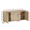 Oak buffet sideboard with all doors open, dimensions: 180cm wide, 35.5cm deep, 72.5cm tall, 40.5cm side cabinet width
