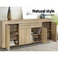 Oak buffet sideboard with all doors open showing shelves in room; text: natural style, woodgrain finish
