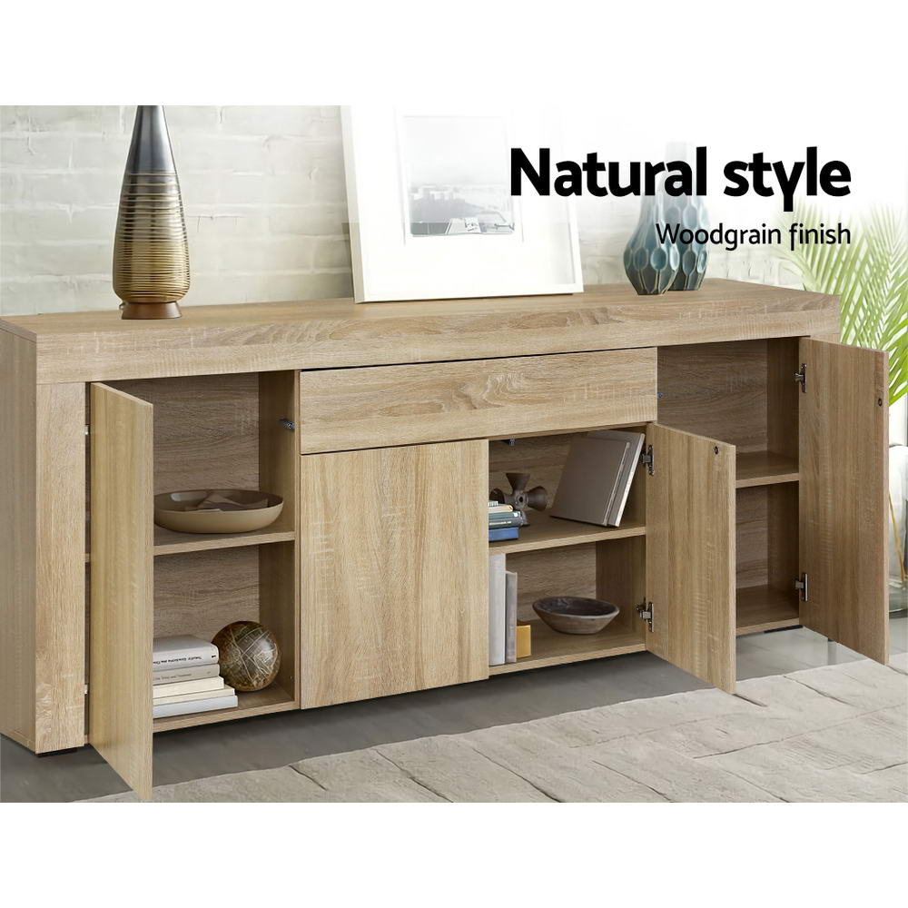 Oak buffet sideboard with all doors open showing shelves in room; text: natural style, woodgrain finish