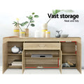 Oak buffet sideboard doors open in room; 78cm centre section, 47cm side sections; text: vast storage, neat and tidy