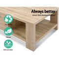 Oak coffee table leg and lower shelf detail with eco-friendly, natural and anti-corrosion badges, 30mm board