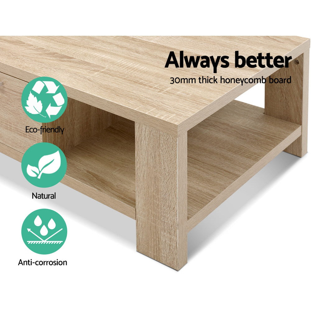 Oak coffee table leg and lower shelf detail with eco-friendly, natural and anti-corrosion badges, 30mm board